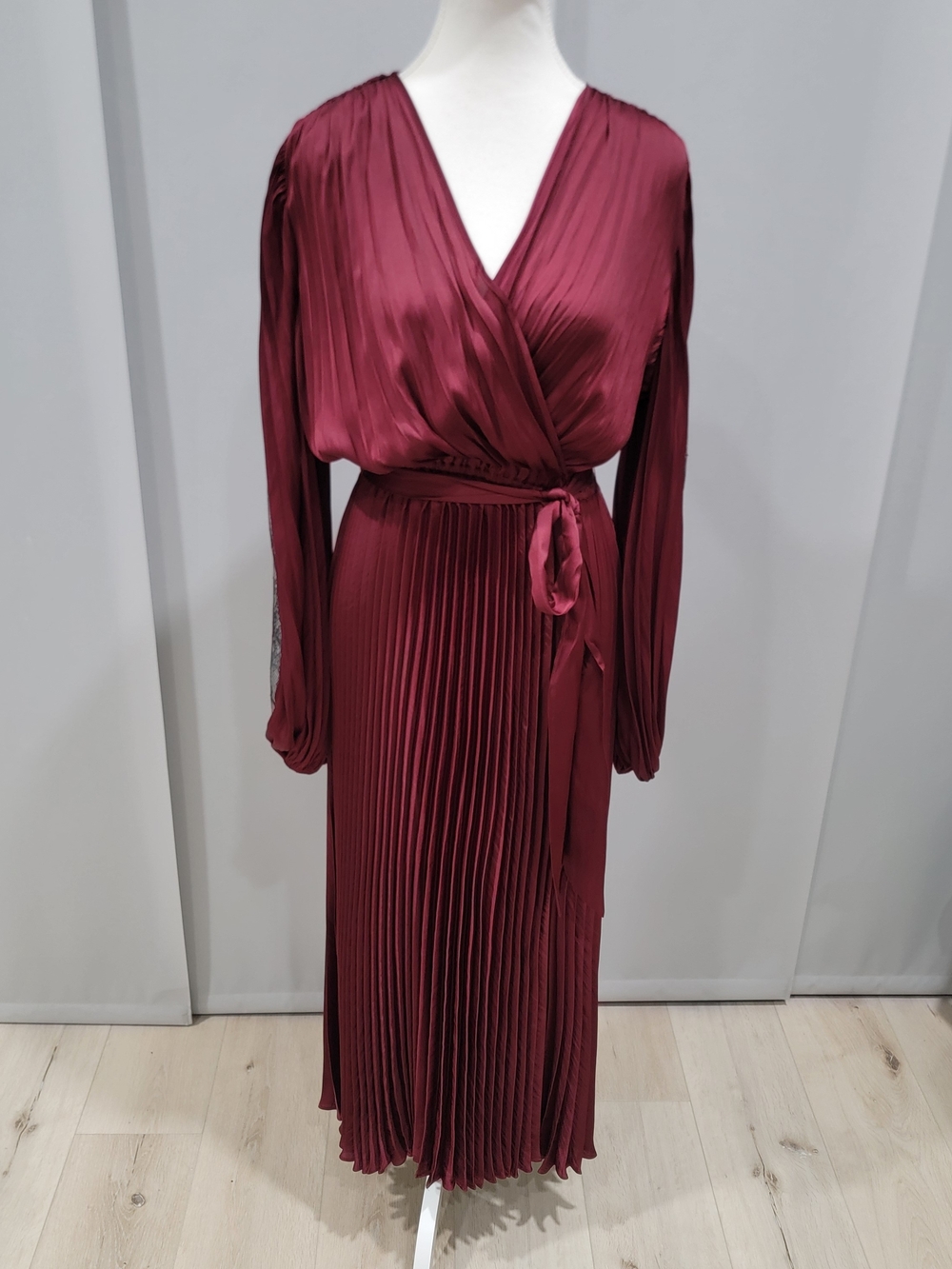 Joseph Ribkoff Elegant Burgundy Wrap Pleated Midi Dress